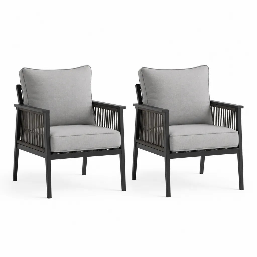 Lot de 2 fauteuils de jardin en acacia massif noir avec corde et coussins gris 68 x 74 x 80 cm