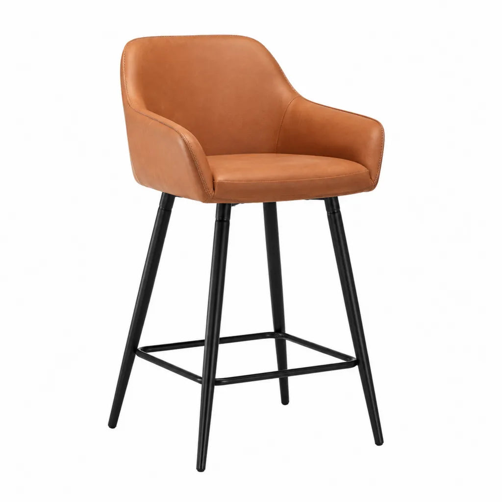 Tabouret de bar avec accoudoirs en cuir synthetique PU cognac pieds en acier noir 54 x 52 x 94 cm