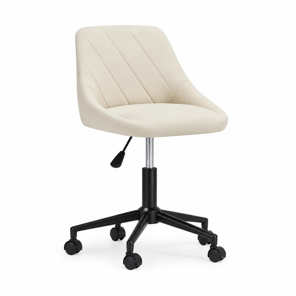 Chaise de bureau reglable a roulettes en cuir synthetique PU blanc casse 60 x 60 x 81-91 cm