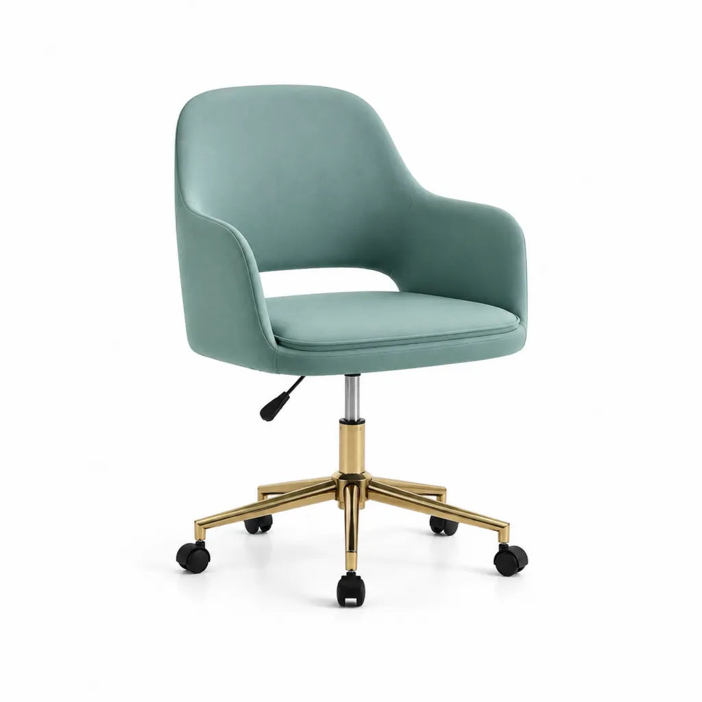 Chaise de bureau pivotante reglable en hauteur en PU vert avec pietement 5 branches dore 60 x 60 x 80-90 cm