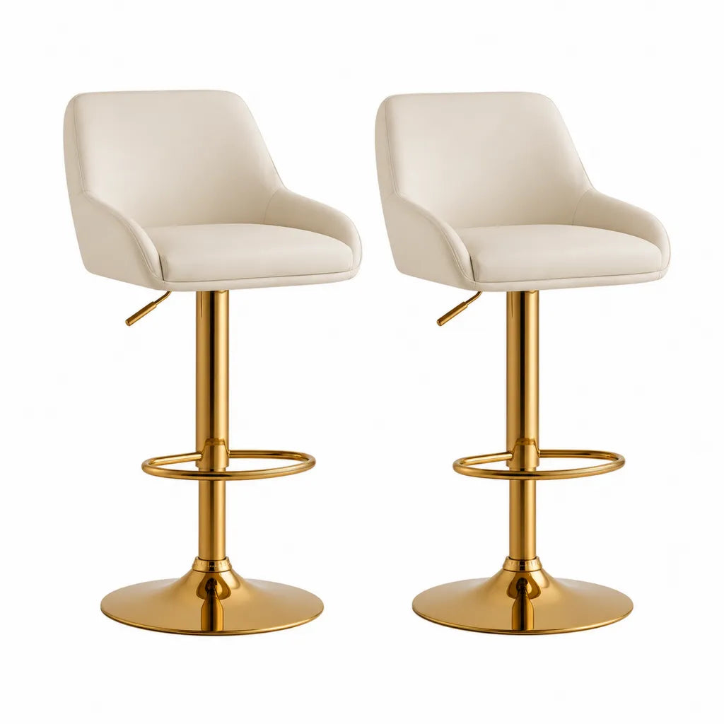 Lot de 2 tabourets de bar reglables en hauteur en similicuir PU creme avec pietement acier dore 47 x 51 x 92-113 cm