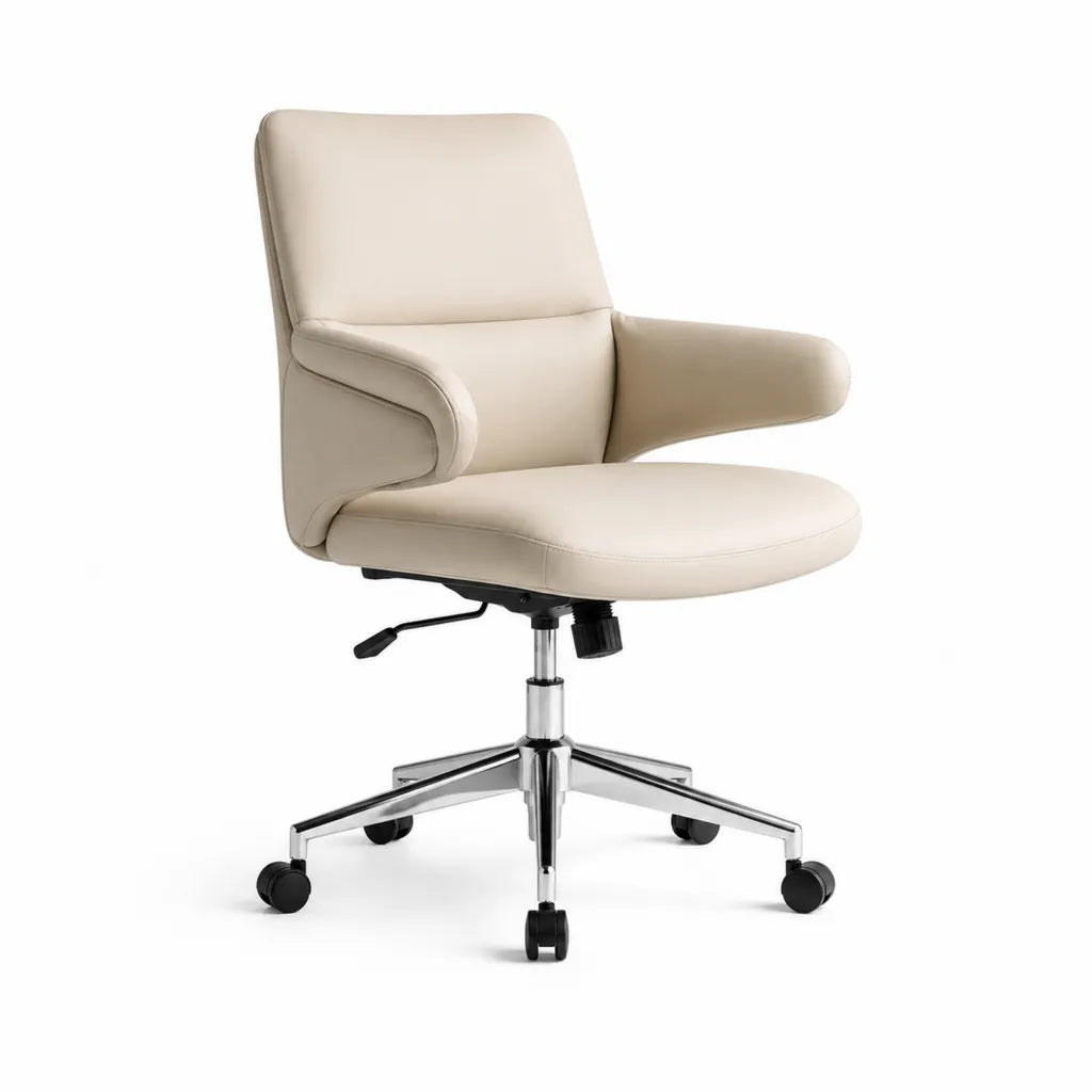 Chaise de bureau pivotante en cuir PU beige avec accoudoirs et roulettes 64 x 64 x 88-98 cm