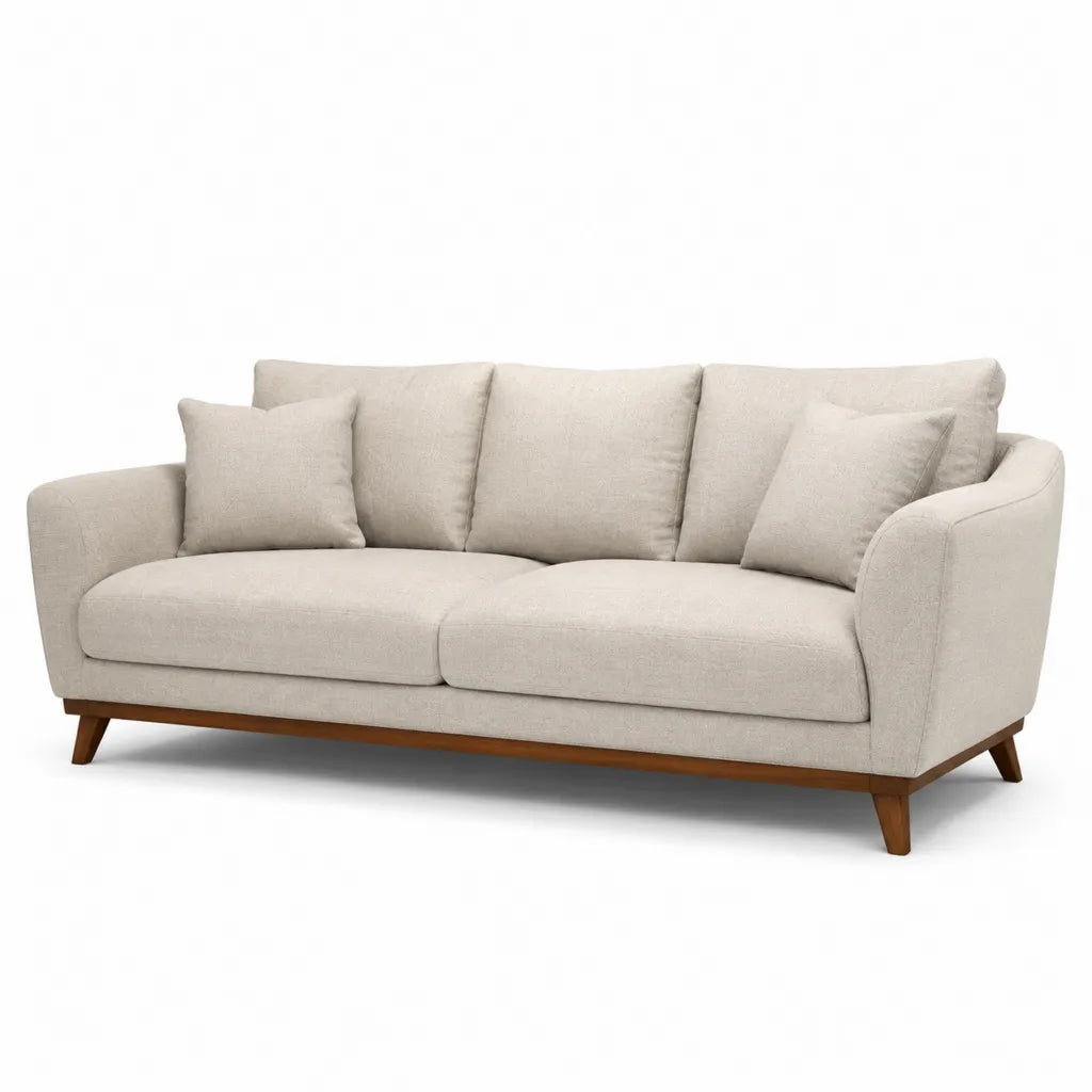 Canape droit 3 places 220 x 92 x 86 cm en polyester beige avec pieds en hevea massif