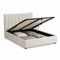 Lit coffre 160 x 200 cm en polyester beige avec sommier a lattes et tete de lit capitonnee