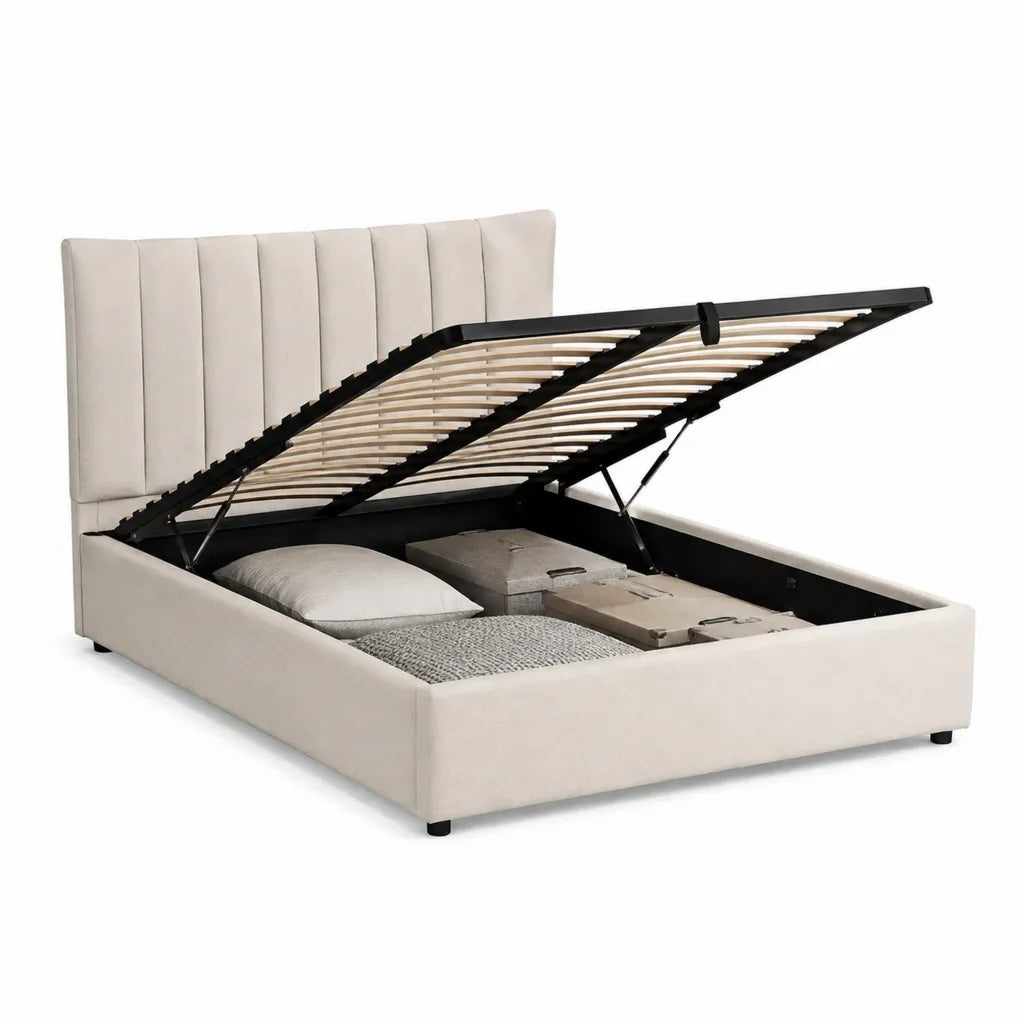Lit coffre 160 x 200 cm en polyester beige avec sommier a lattes et tete de lit capitonnee