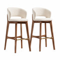 Lot de 2 tabourets de bar avec dossier en bois d'hevea massif et tissu bouclette ecru 50 x 54 x 96 cm