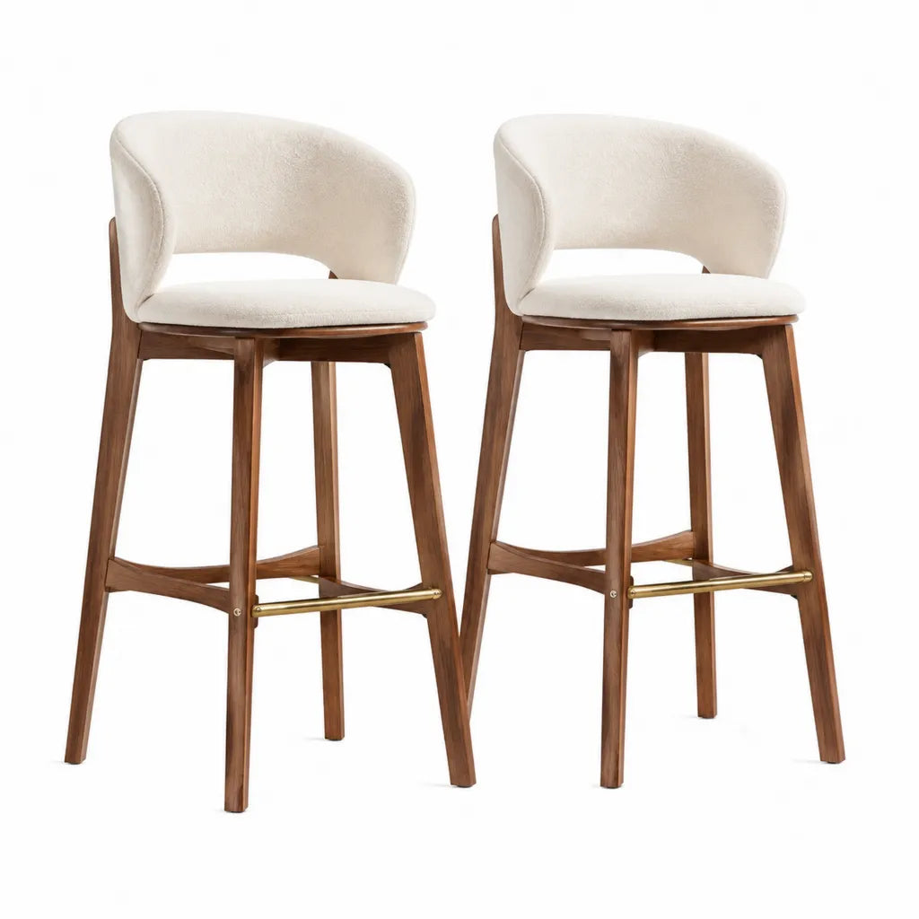 Lot de 2 tabourets de bar avec dossier en bois d'hevea massif et tissu bouclette ecru 50 x 54 x 96 cm