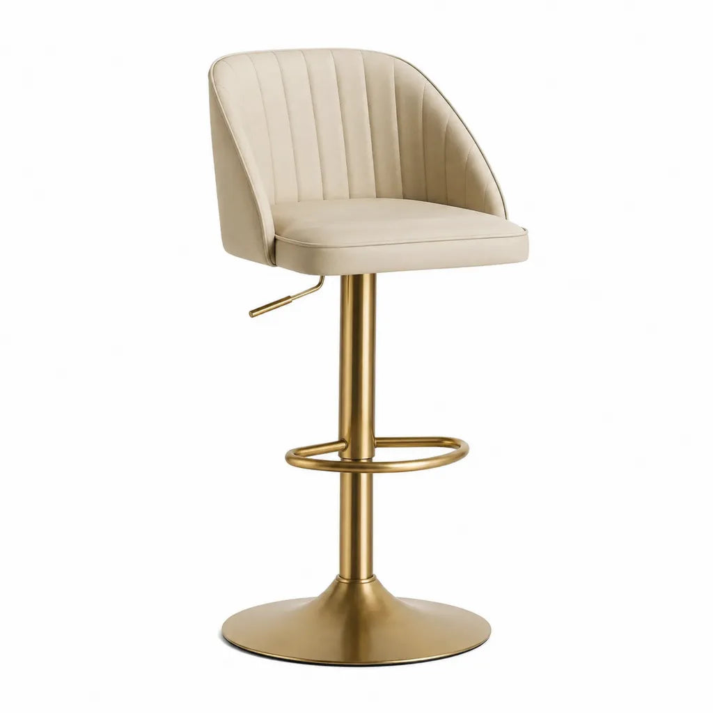 Tabouret de bar reglable pivotant avec dossier en polyurethane beige et acier dore 52 x 54 x 91-112 cm