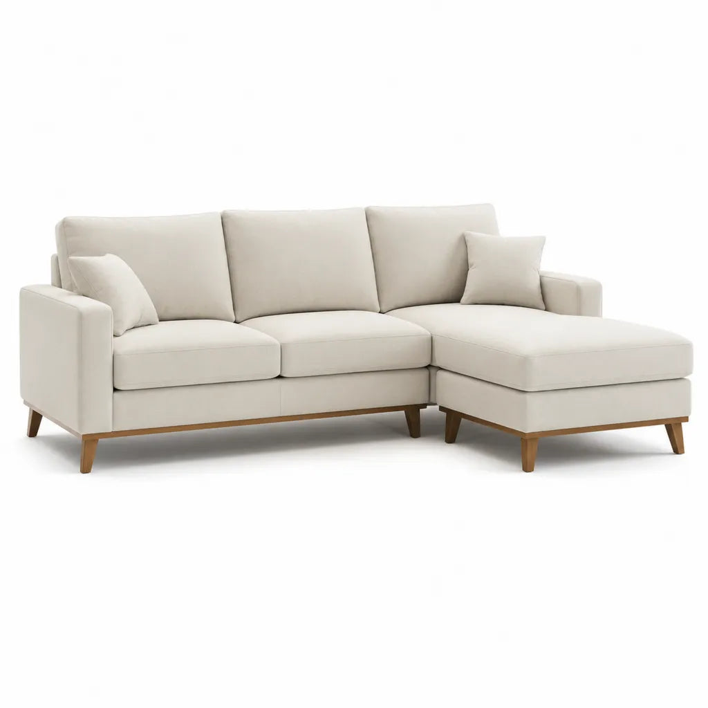 Canape d'angle 3 places avec meridienne droite 220 x 150 x 85 cm polyester ecru