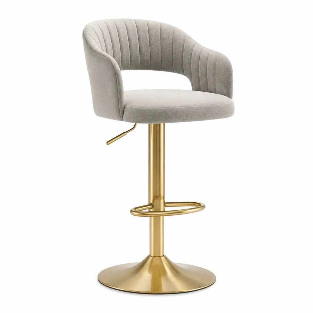 Tabouret de bar a dossier arrondi reglable en hauteur 54 x 54 x 89-109 cm velours polyester gris pied en acier dore