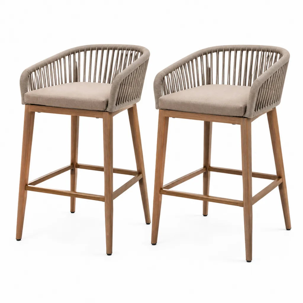 Lot de 2 tabourets de bar avec accoudoirs en acacia massif et corde PE beige 56 x 60 x 100 cm