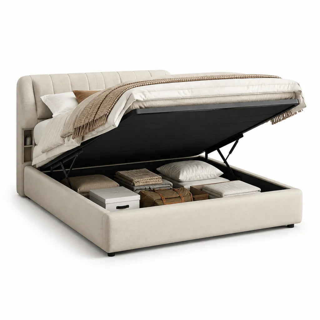 Lit coffre 160 x 200 cm en polyester beige avec tete de lit capitonnee