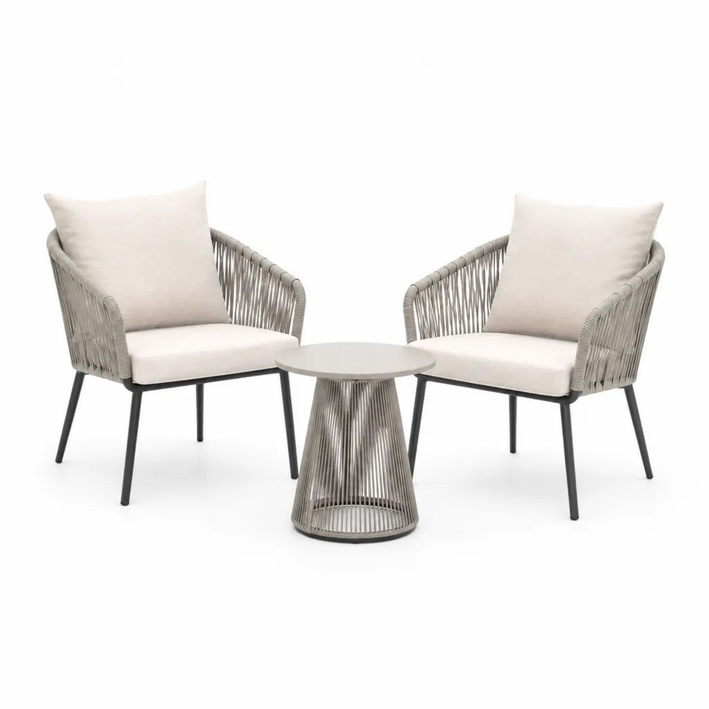 Salon de jardin 2 fauteuils avec table basse ronde en acier et corde PE gris taupe beige 68 cm x 72 cm x 78 cm