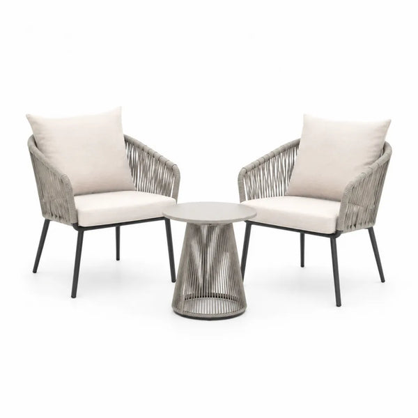 Salon de jardin 2 fauteuils avec table basse ronde en acier et corde PE gris taupe beige 68 cm x 72 cm x 78 cm