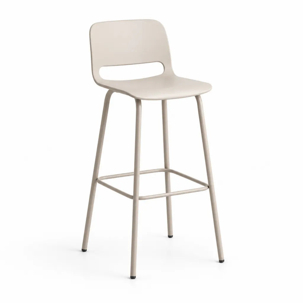 Tabouret de bar avec dossier assise arrondie en polypropylene beige pietement en acier 46 x 51 x 99 cm hauteur d'assise 75 cm