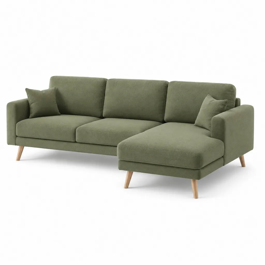 Canape d'angle droit 3 places en polyester vert olive 240 x 155 x 86 cm pieds en bois massif