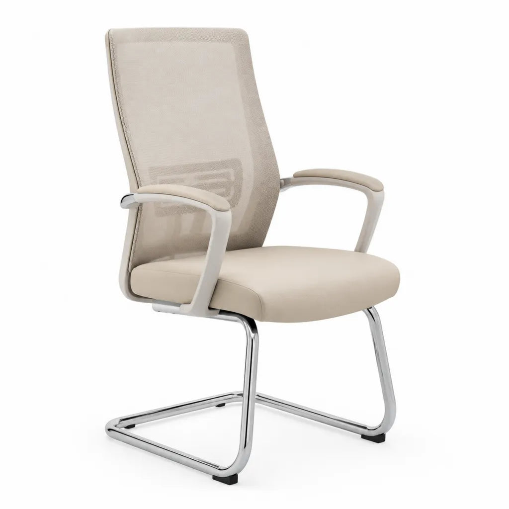 Chaise de bureau visiteur a dossier haut en maille polyester et PU beige 58 x 62 x 101 cm