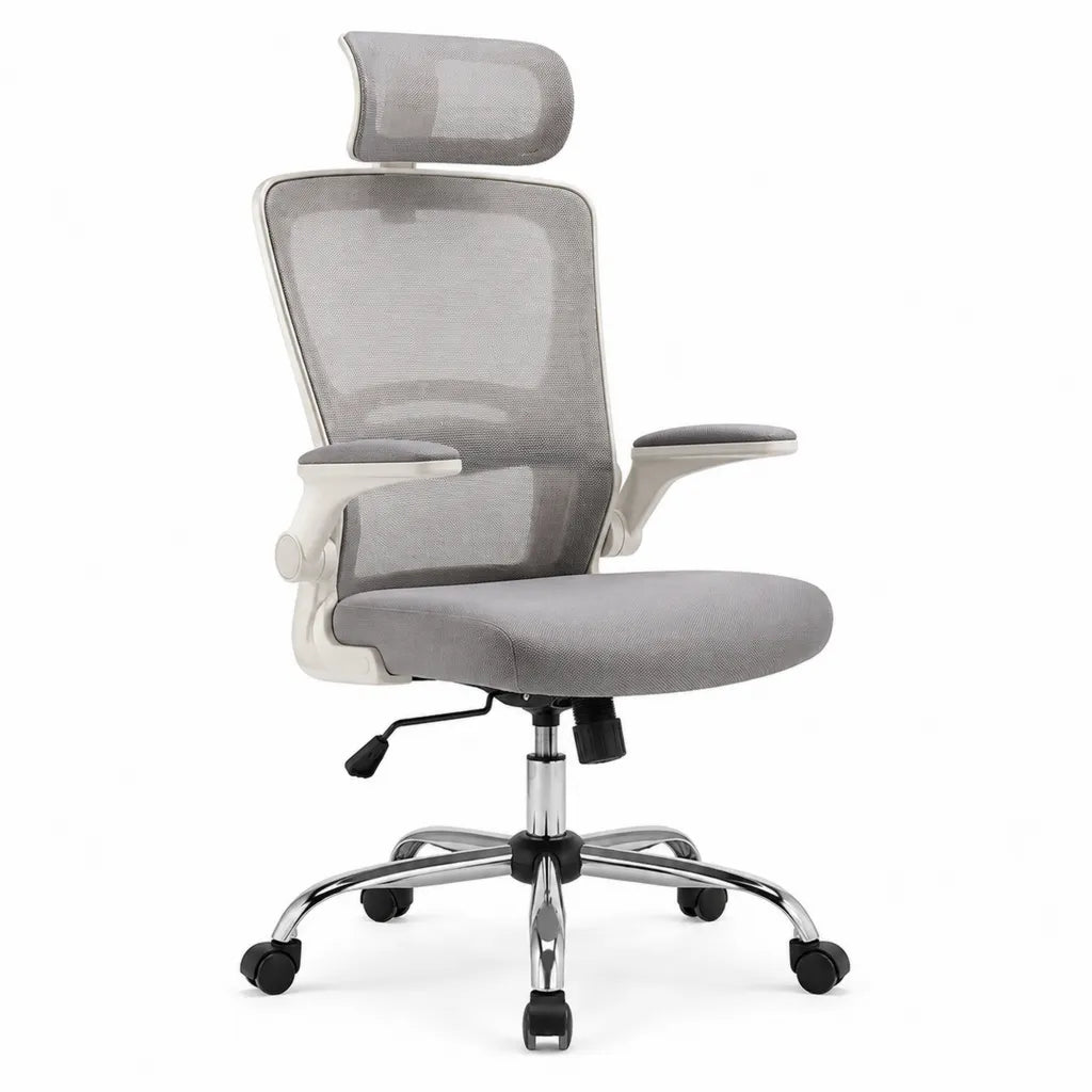 Chaise de bureau ergonomique a roulettes avec appui-tete dossier resille gris 64 x 64 x 116-126 cm