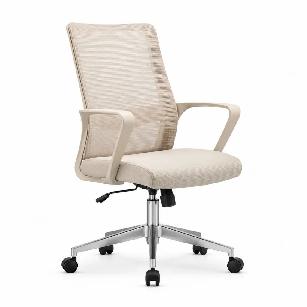 Chaise de bureau ergonomique a roulettes dossier en maille beige 64 x 64 x 112-122 cm