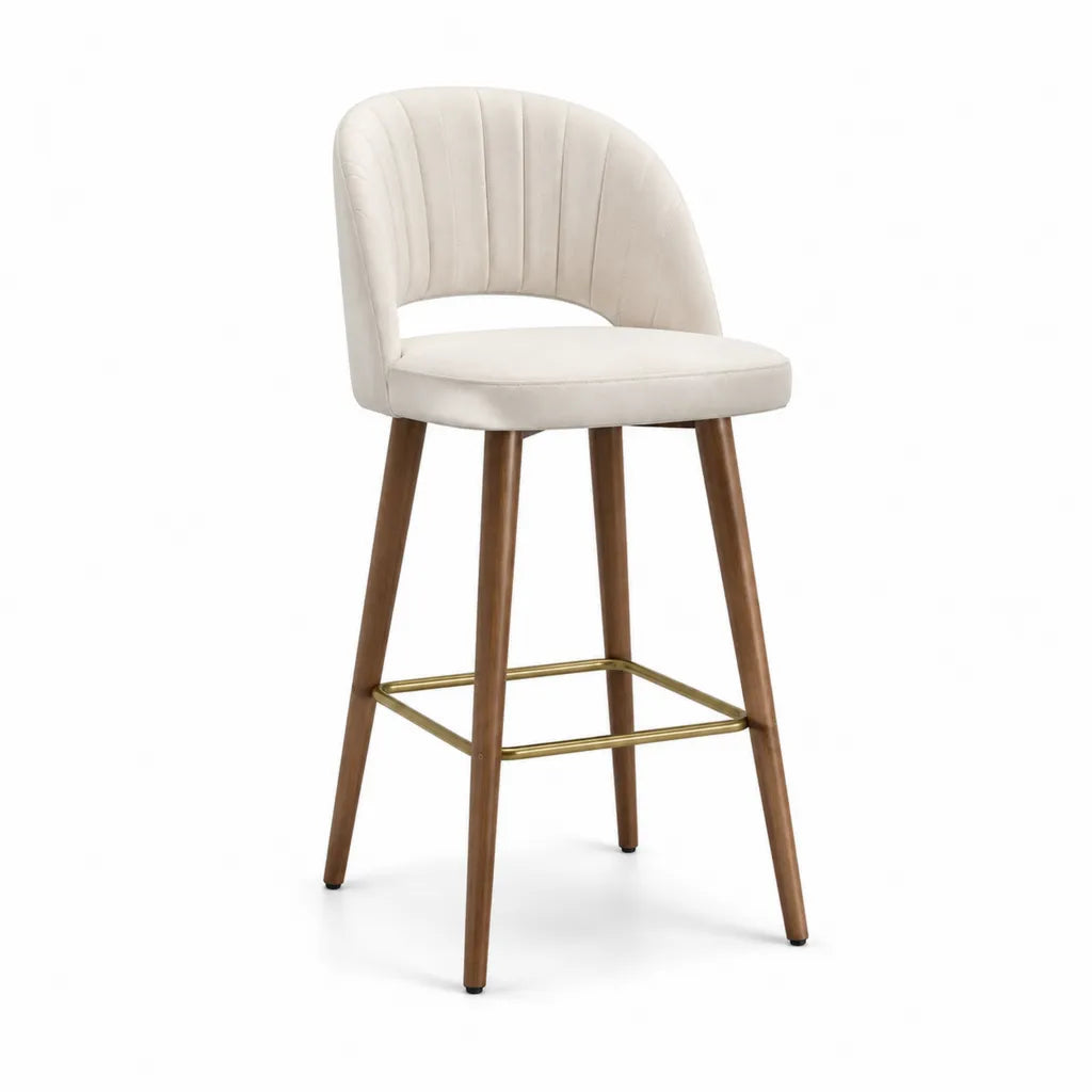 Tabouret de bar avec dossier en polyester beige pieds en bois massif 50 x 54 x 104 cm